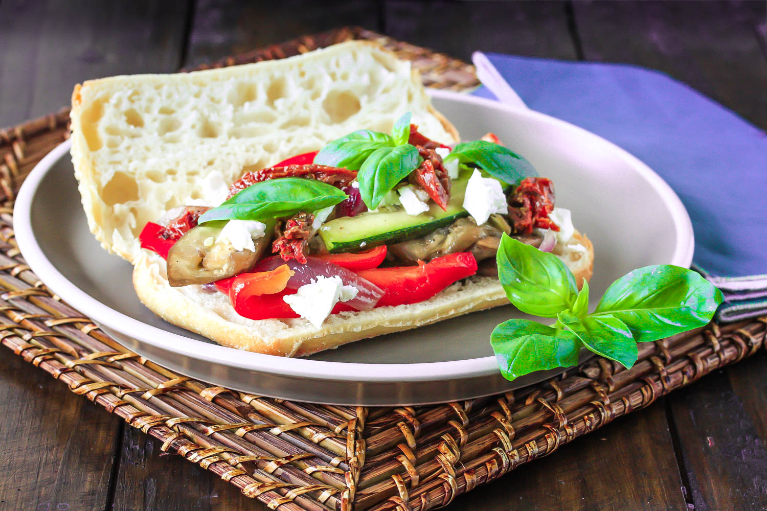 Roast vege sandwich with feta and sundried tomatoes