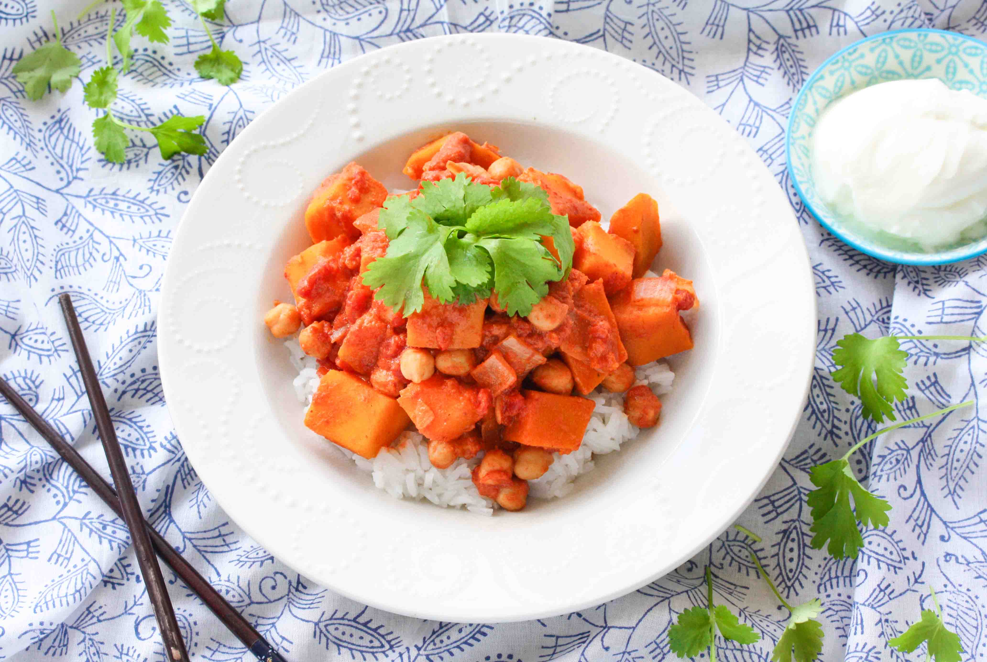 Pumpkin and chickpea Thai red curry with coriander and yoghurt