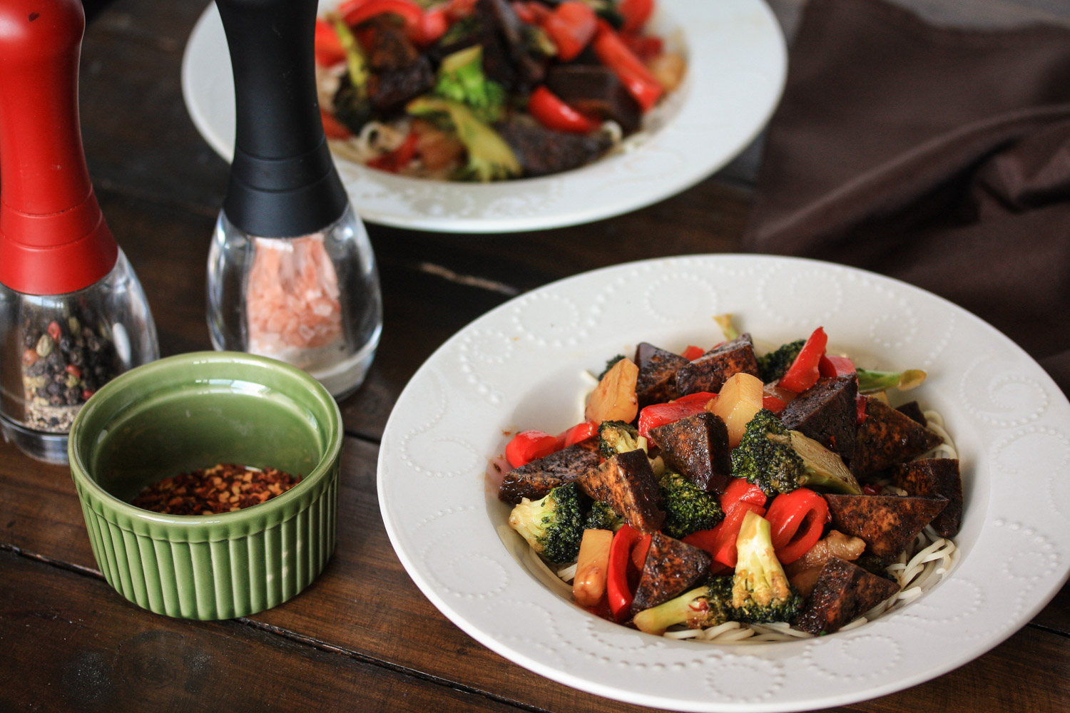 Tofu, broccoli and red capsicum stir fry with oriental plum sauce