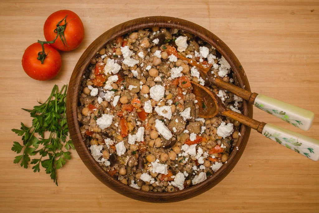 Middle Eastern eggplant and chickpea salad with tomatoes and pearl barley