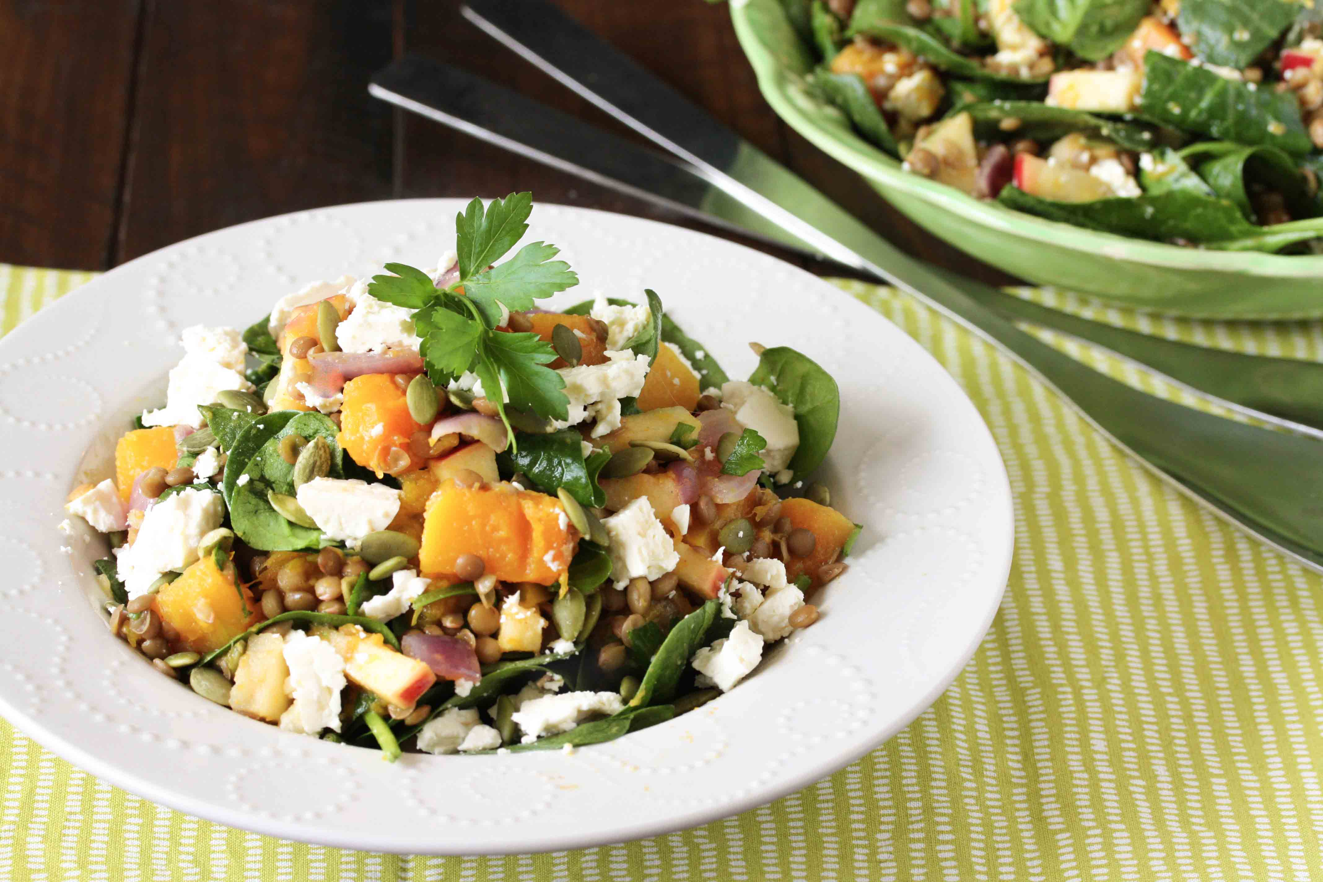 Pumpkin, apple and lentil salad with baby spinach and feta