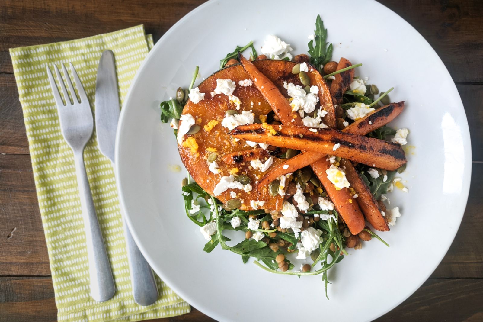 Roast pumpkin and carrot salad with lentils and zesty citrus dressing